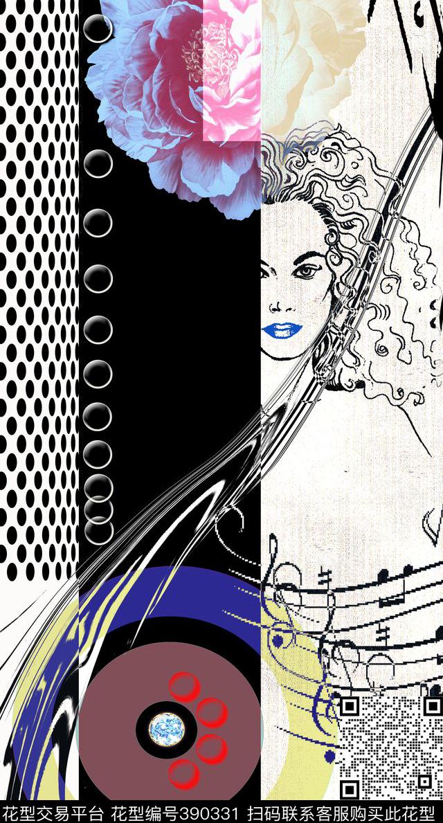 混合元素手绘人像定位花数码印花华亿平台下载（图片编号: 390331） - 瓦栏（Walan）