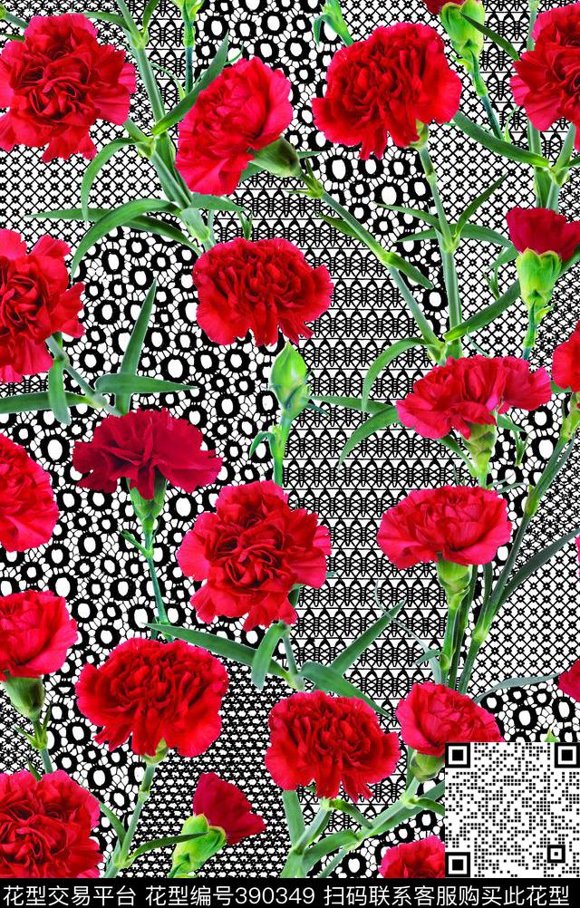 数码印花花卉康乃馨蕾丝花卉数码印花华亿平台下载（图片编号: 390349） - 瓦栏（Walan）