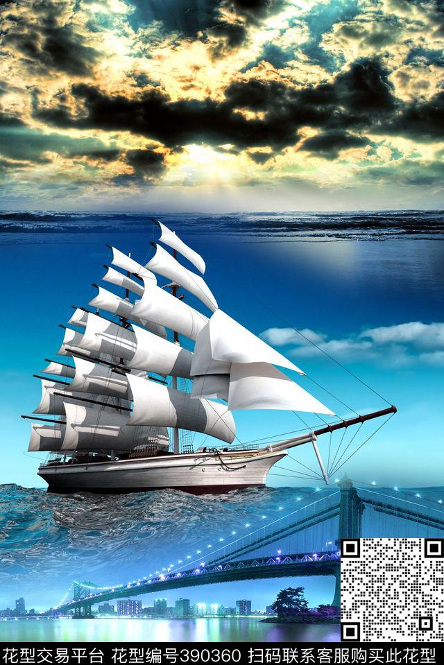 60*90cm\300dpi\tiff帆船城市数码印花华亿平台下载（图片编号: 390360） - 瓦栏（Walan）