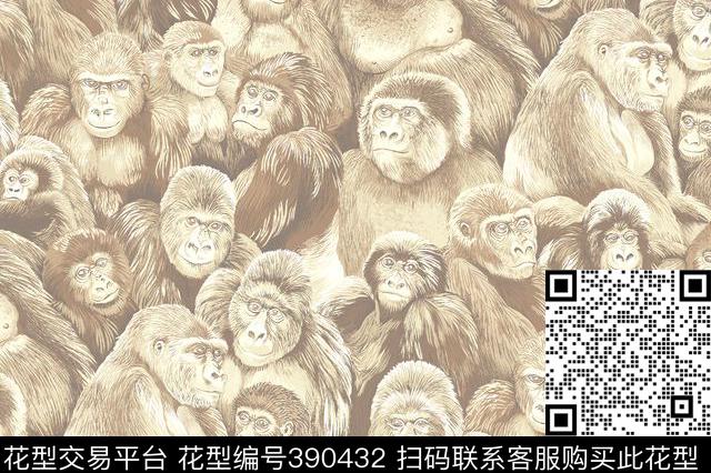 22.9*15.3cm\300dpi\tiff动物动物猩猩传统印花华亿平台下载（图片编号: 390432） - 瓦栏（Walan）