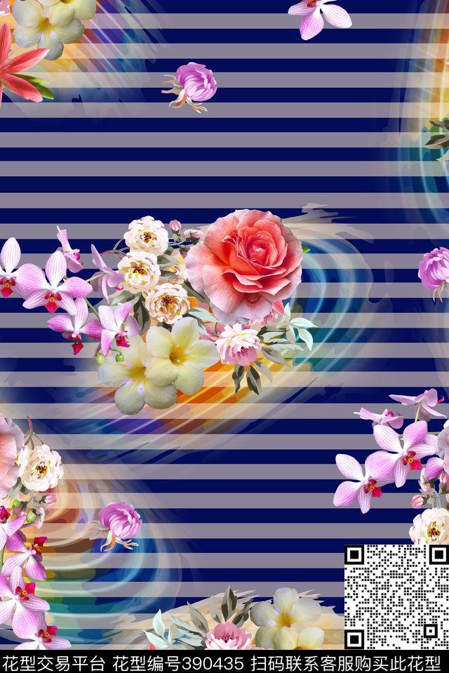 花卉组合条纹数码印花华亿平台下载（图片编号: 390435） - 瓦栏（Walan）