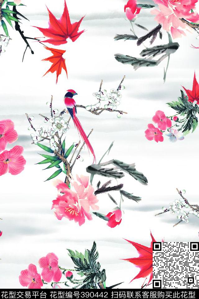 花卉鸟水墨数码印花华亿平台下载（图片编号: 390442） - 瓦栏（Walan）