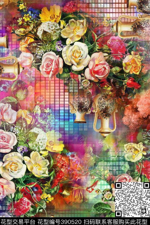 几何格子花卉油画数码印花华亿平台下载（图片编号: 390520） - 瓦栏（Walan）