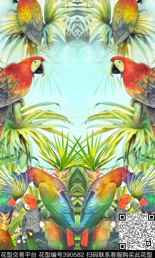 热带风鹦鹉棕榈树数码印花华亿平台下载（图片编号: 390582） - 瓦栏（Walan）