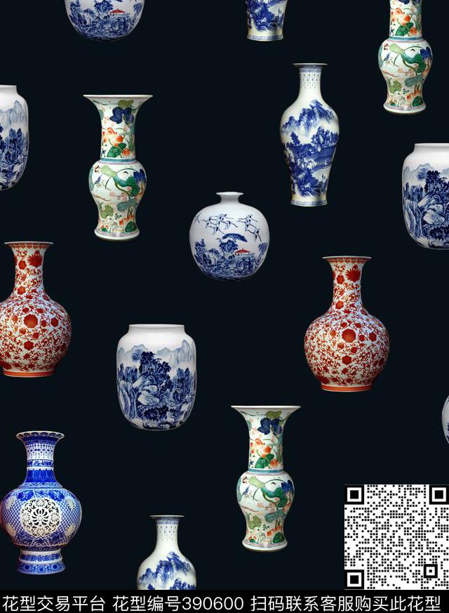 青花瓷器中国风数码印花华亿平台下载（图片编号: 390600） - 瓦栏（Walan）