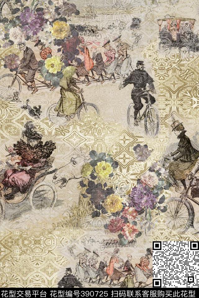 复古手绘风景时尚数码男装印花数码印花华亿平台下载（图片编号: 390725） - 瓦栏（Walan）