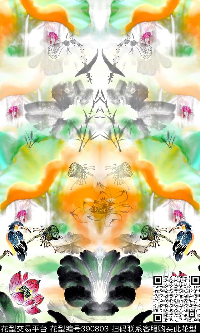 荷花水墨数码印花华亿平台下载（图片编号: 390803） - 瓦栏（Walan）