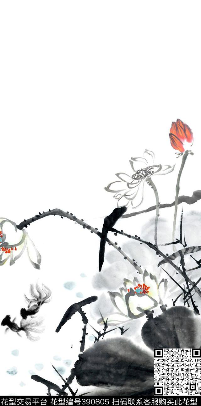 荷花水蜜中国风数码印花华亿平台下载（图片编号: 390805） - 瓦栏（Walan）
