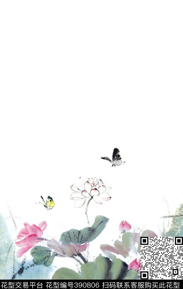 荷花水墨中国风数码印花华亿平台下载（图片编号: 390806） - 瓦栏（Walan）