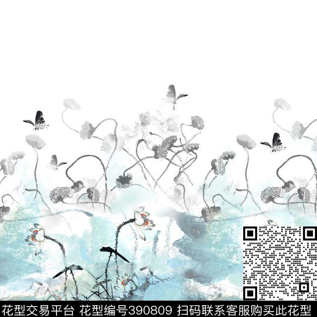 水墨中国风荷花数码印花华亿平台下载（图片编号: 390809） - 瓦栏（Walan）