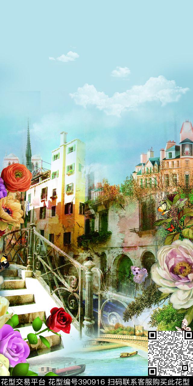 时尚建筑花花卉数码印花华亿平台下载（图片编号: 390916） - 瓦栏（Walan）