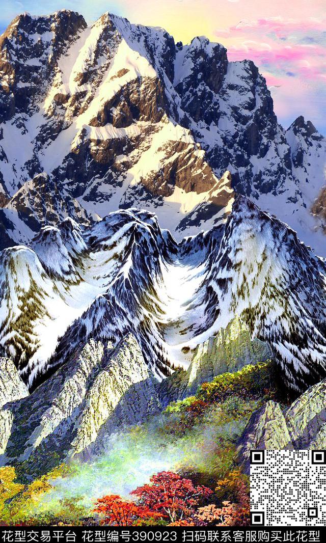 田园风风景雪山数码印花华亿平台下载（图片编号: 390923） - 瓦栏（Walan）