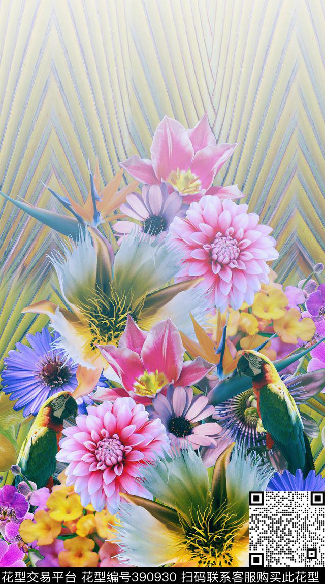 花卉热带鹦鹉数码印花华亿平台下载（图片编号: 390930） - 瓦栏（Walan）