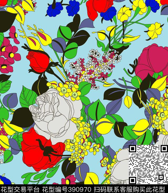 清新玫瑰夾碎花传统印花华亿平台下载（图片编号: 390970） - 瓦栏（Walan）