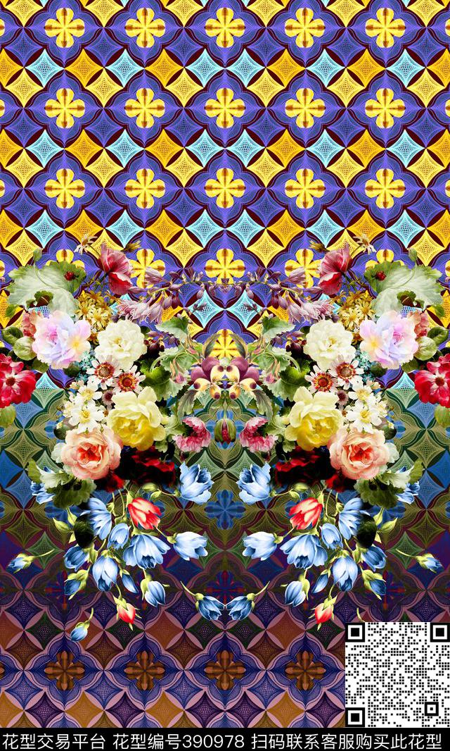流行花卉格子数码印花华亿平台下载（图片编号: 390978） - 瓦栏（Walan）