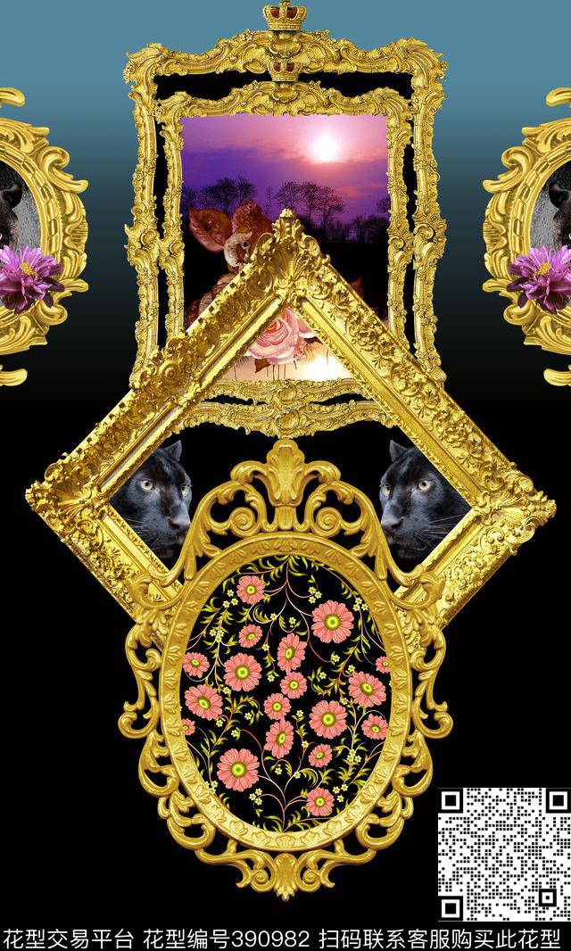 欧式相框动物渐变底色数码印花华亿平台下载（图片编号: 390982） - 瓦栏（Walan）