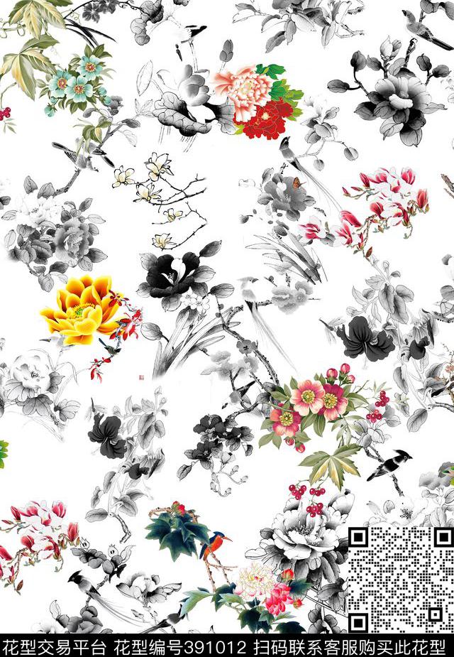 中国风花贲古典中国风数码印花华亿平台下载（图片编号: 391012） - 瓦栏（Walan）