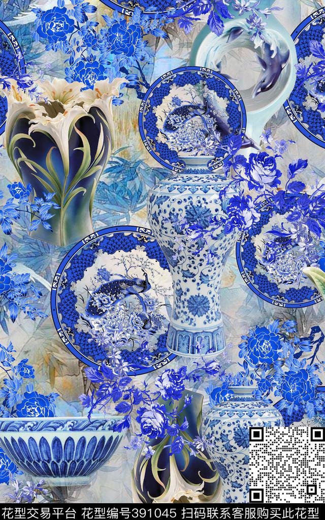 青花瓷山水中国风数码印花华亿平台下载（图片编号: 391045） - 瓦栏（Walan）