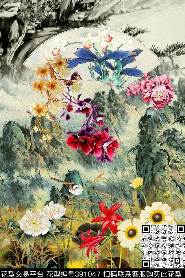 风景工笔花写意数码印花华亿平台下载（图片编号: 391047） - 瓦栏（Walan）