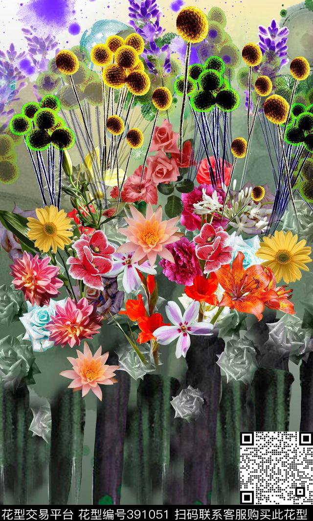 国画绒球花写意数码印花华亿平台下载（图片编号: 391051） - 瓦栏（Walan）