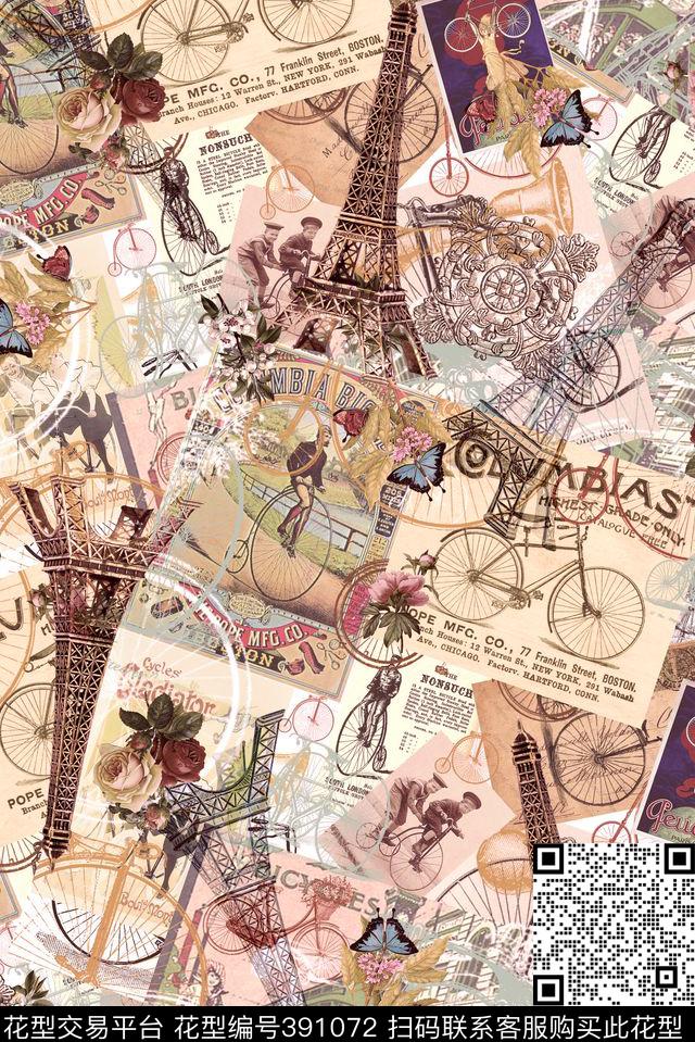 复古自行车埃菲尔数码印花华亿平台下载（图片编号: 391072） - 瓦栏（Walan）