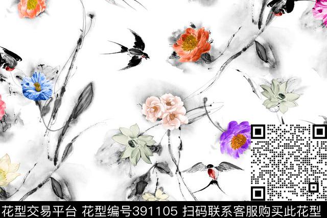 花卉燕子中国风数码印花华亿平台下载（图片编号: 391105） - 瓦栏（Walan）