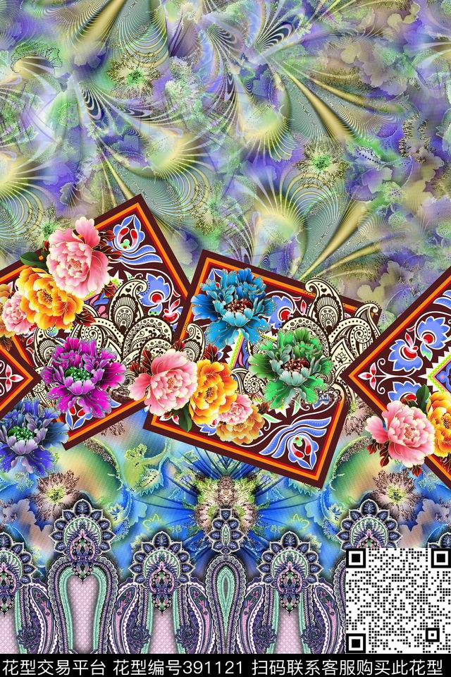 方块琉璃花民族风数码印花华亿平台下载（图片编号: 391121） - 瓦栏（Walan）