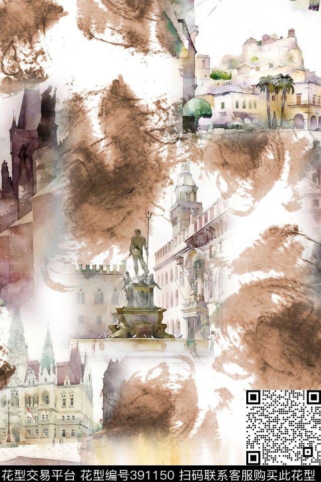 水彩水墨风景数码印花华亿平台下载（图片编号: 391150） - 瓦栏（Walan）