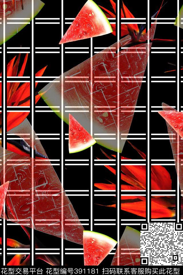 格子西瓜几何数码印花华亿平台下载（图片编号: 391181） - 瓦栏（Walan）