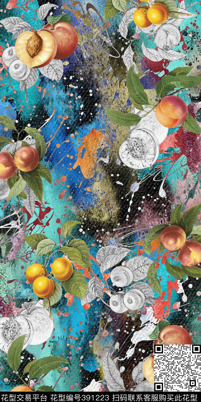 墨迹术笔触水果数码印花华亿平台下载（图片编号: 391223） - 瓦栏（Walan）