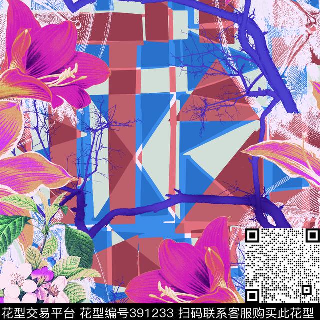 花卉混合几何数码印花华亿平台下载（图片编号: 391233） - 瓦栏（Walan）