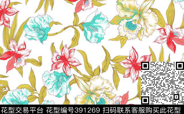 大花朵矢量数码印花匹布小清新传统印花华亿平台下载（图片编号: 391269） - 瓦栏（Walan）