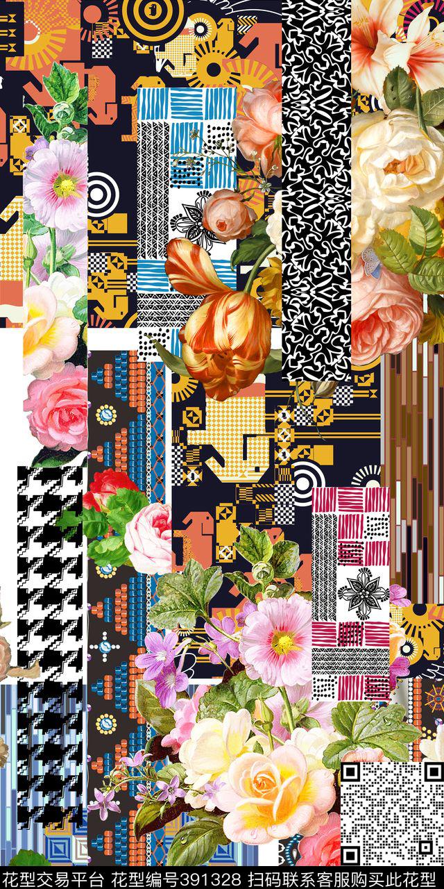 千鸟格花数码花拼接艺彩——流行拼接数码印花华亿平台下载（图片编号: 391328） - 瓦栏（Walan）