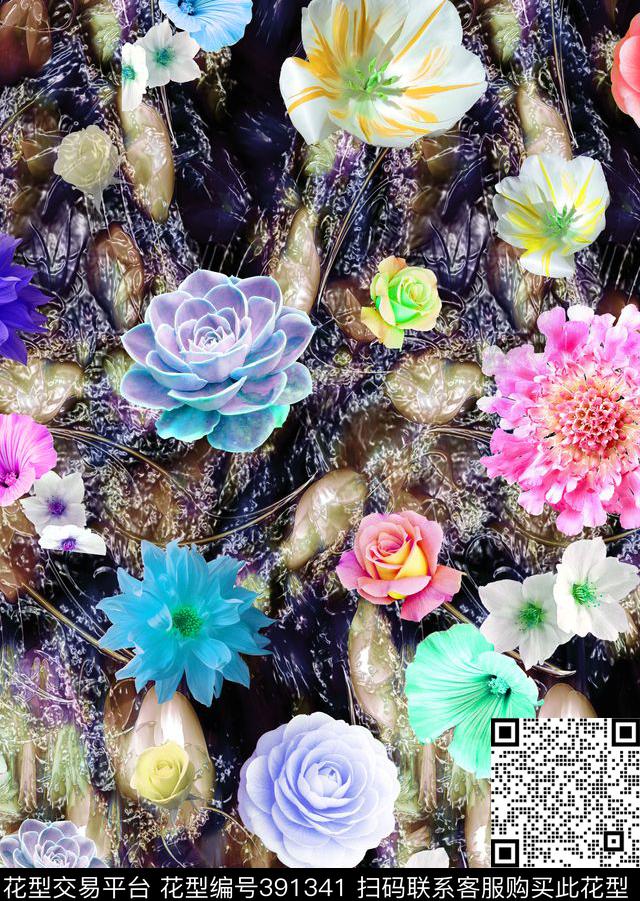 时尚油画花朵数码印花华亿平台下载（图片编号: 391341） - 瓦栏（Walan）