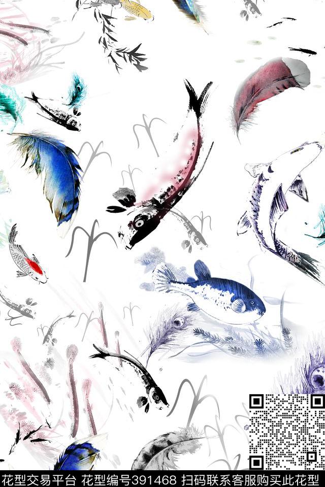 水墨趣味羽毛数码印花华亿平台下载（图片编号: 391468） - 瓦栏（Walan）