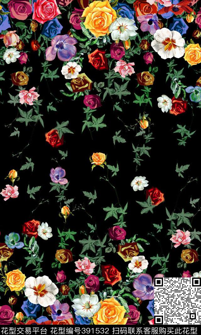 双边黑底写实鲜花英伦花园数码印花华亿平台下载（图片编号: 391532） - 瓦栏（Walan）