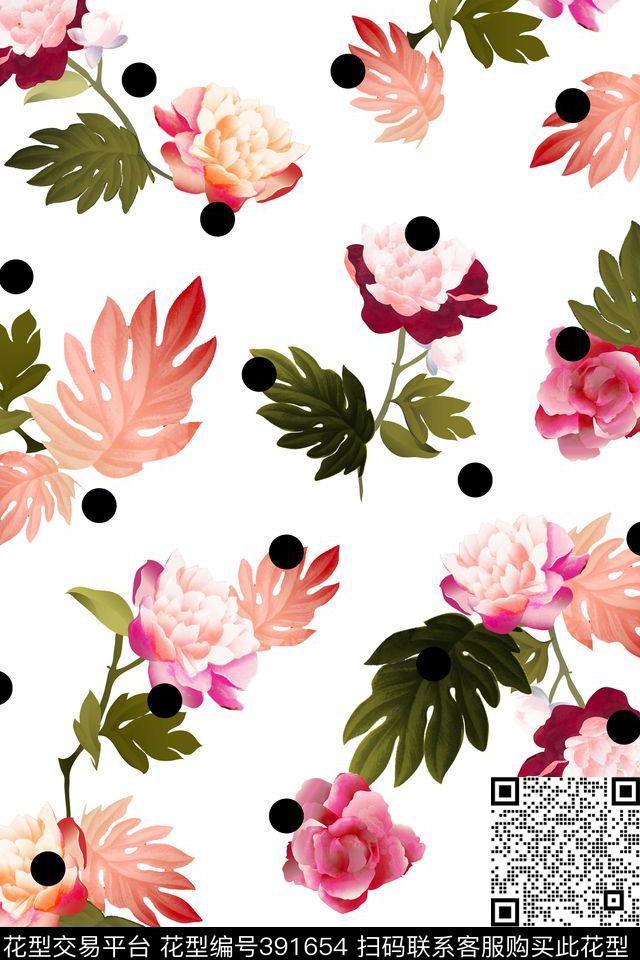 圆点水彩花白底数码印花华亿平台下载（图片编号: 391654） - 瓦栏（Walan）
