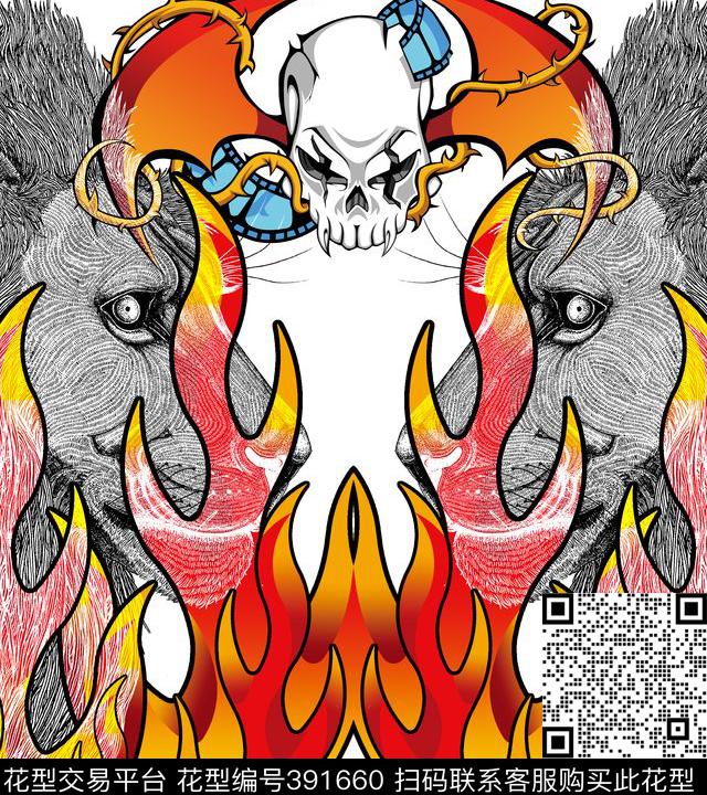 流行时尚狮子骷髅火焰80*90cm\300dpi\tiff传统印花华亿平台下载（图片编号: 391660） - 瓦栏（Walan）