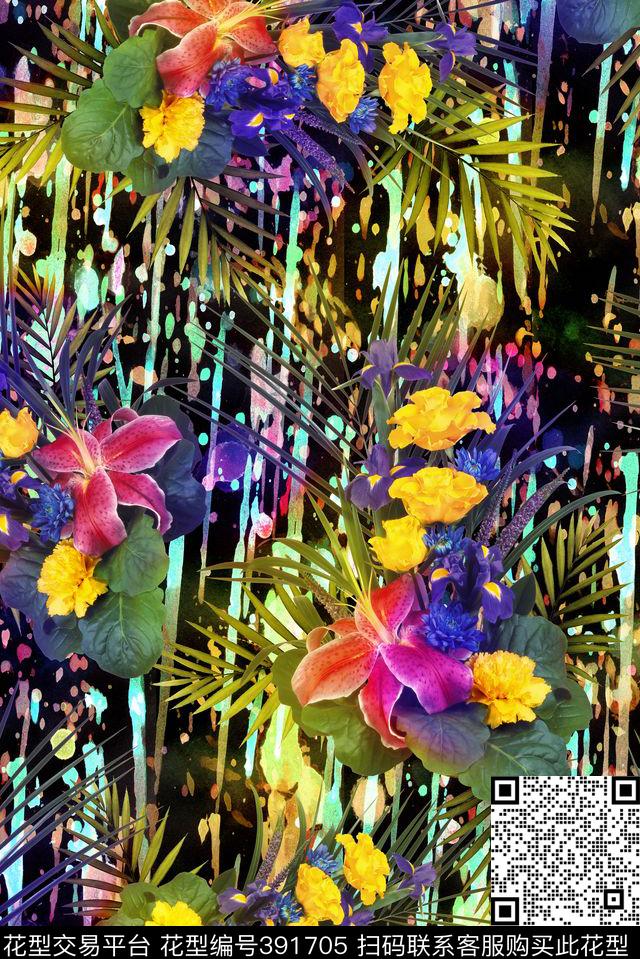 黑底花朵花卉数码印花华亿平台下载（图片编号: 391705） - 瓦栏（Walan）