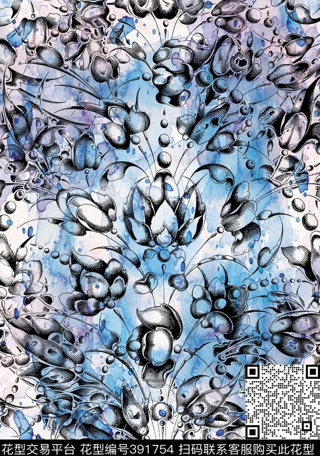 抽像几何热带叶子数码印花华亿平台下载（图片编号: 391754） - 瓦栏（Walan）