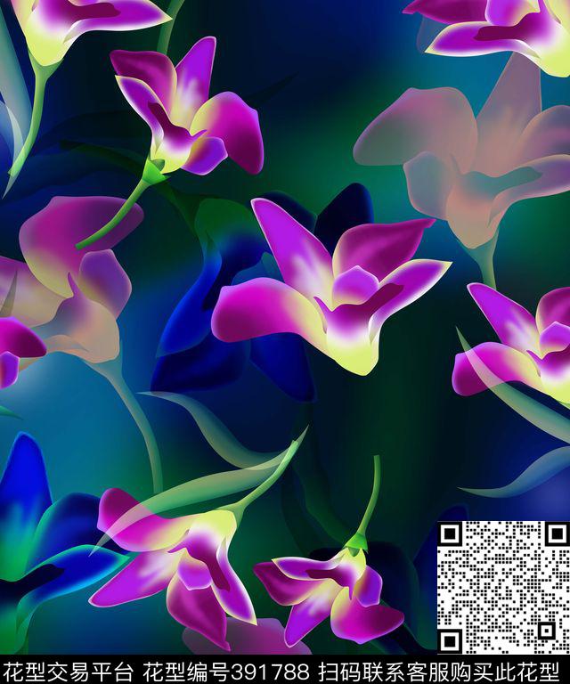 抽象手绘花流行花卉流行时尚数码印花华亿平台下载（图片编号: 391788） - 瓦栏（Walan）