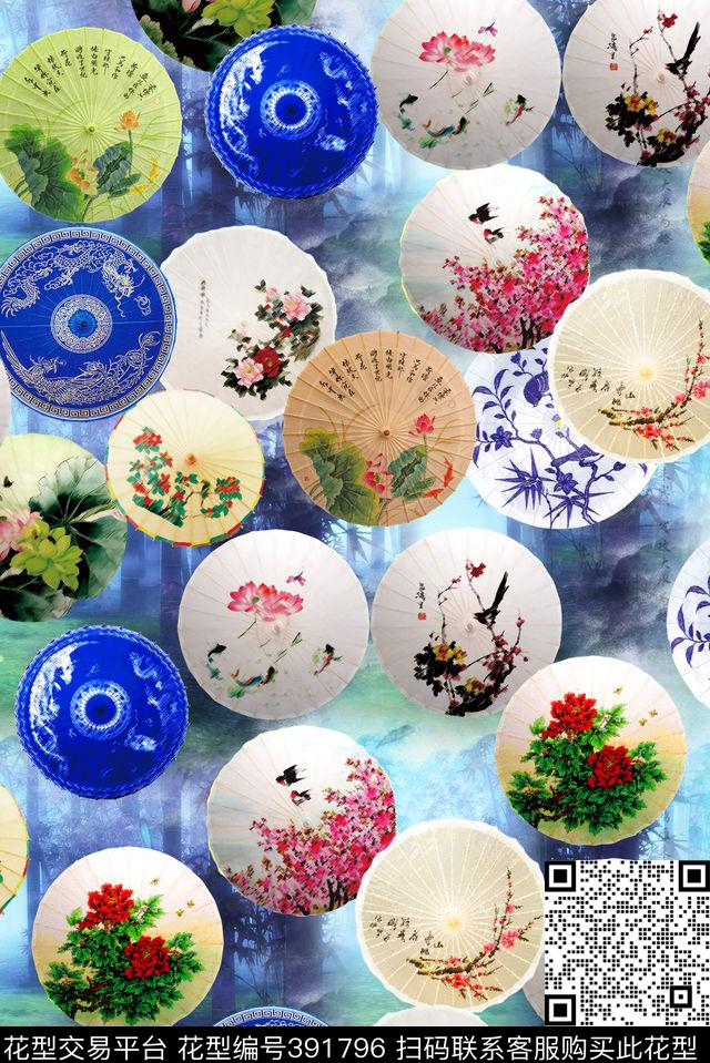 中国风雨伞风景数码印花华亿平台下载（图片编号: 391796） - 瓦栏（Walan）