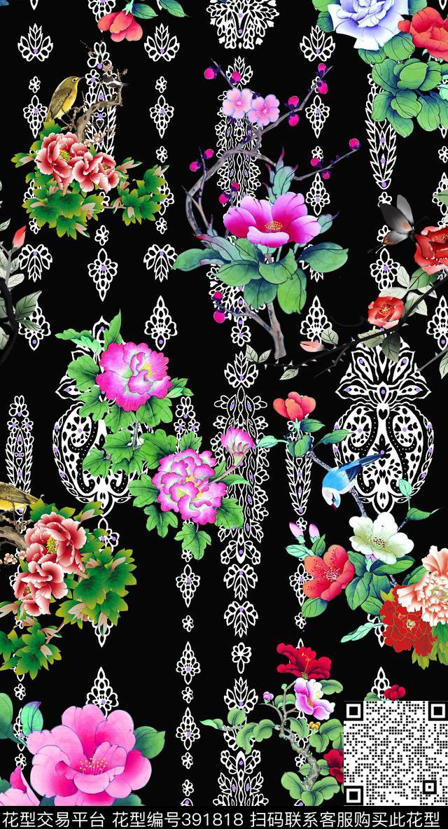 中国风黑底国花古典中国风数码印花华亿平台下载（图片编号: 391818） - 瓦栏（Walan）