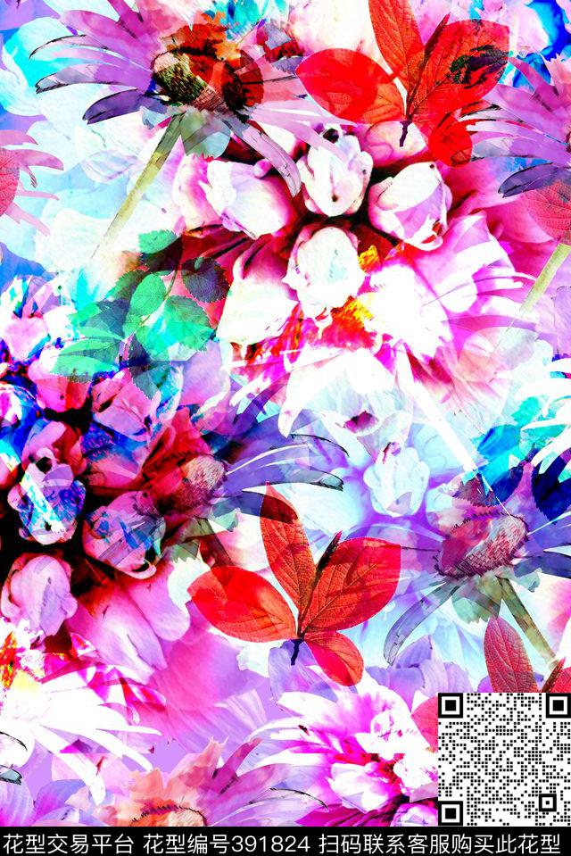 花卉绘画组合数码印花华亿平台下载（图片编号: 391824） - 瓦栏（Walan）