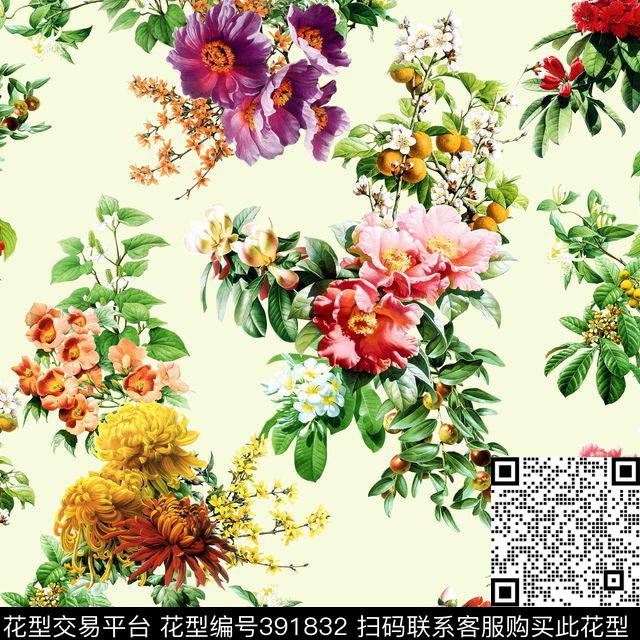 时尚流行茶花牡丹花数码印花华亿平台下载（图片编号: 391832） - 瓦栏（Walan）