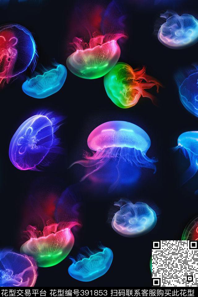深海夜光水母海洋生物数码印花华亿平台下载（图片编号: 391853） - 瓦栏（Walan）
