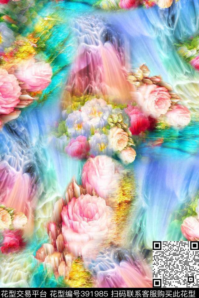 瀑布山水花卉数码印花华亿平台下载（图片编号: 391985） - 瓦栏（Walan）