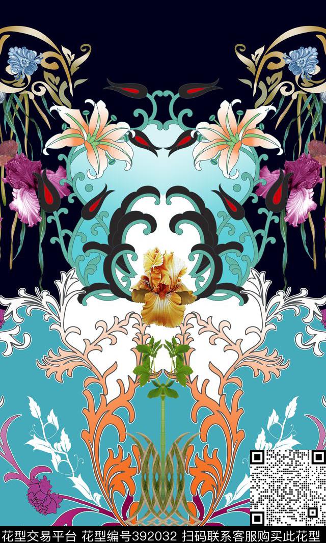 复古线条中式花纹水彩花卉数码印花华亿平台下载（图片编号: 392032） - 瓦栏（Walan）