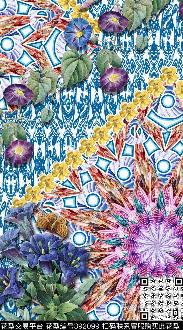 方巾式的定位花卉方巾元素数码印花华亿平台下载（图片编号: 392099） - 瓦栏（Walan）