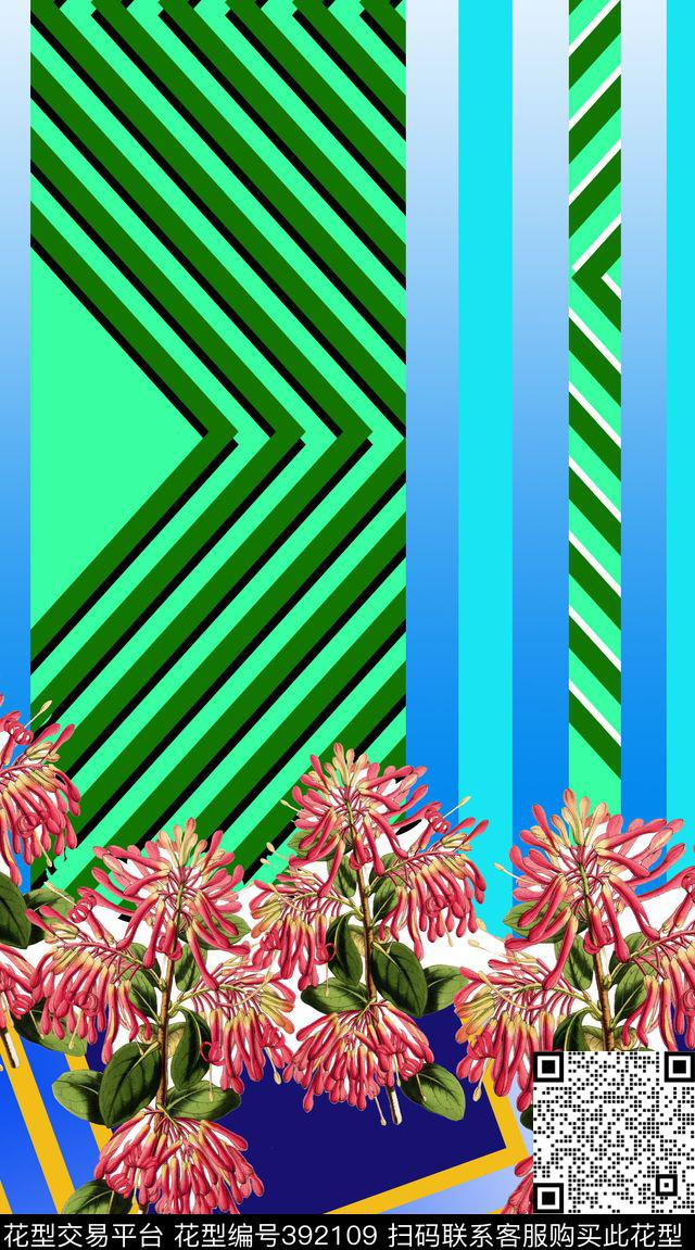 几何花卉定位几何条纹组合、花卉数码印花华亿平台下载（图片编号: 392109） - 瓦栏（Walan）